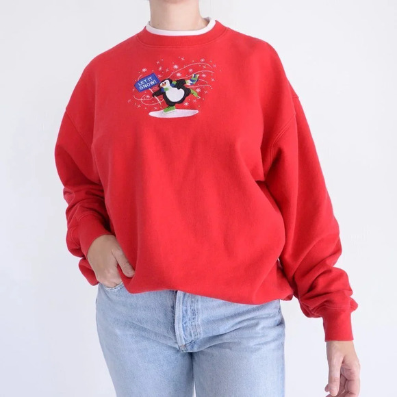 Vintage M&C Sportswear Red Holiday Penguin Let it Snow Crewneck Sweater  XL - Picture 1 of 11